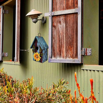 Wood Bird House for Outside, Hanging Decorative Bird House Outdoor Garden Patio Yard Rustic Hand-Painted Bluebird Birdhouse Nesting Box for Finch Wren Sparrow Chickadee