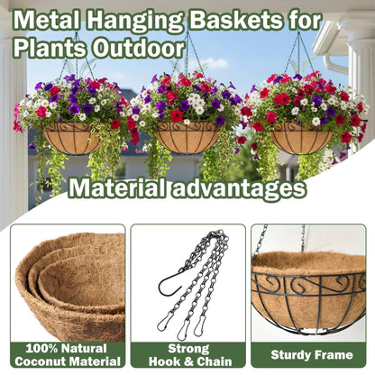 KIDYBELL 4 Pack 10 Inch Hanging Baskets for Plants Outdoor Metal Hanging Planter Basket with Coco Coir Liner Hanging Flower Baskets Hangings Flower Pots Holder for Garden, Patio(Flower)