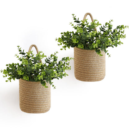 Dahey 2 Pack Wall Hanging Rope Basket (5.5"W×6.2"H) with Artificial Eucalyptus, Jute Woven Storage Organizer Flower Plants Basket Farmhouse Rustic Wall Decor for Porch Living Room Bedroom Entryway