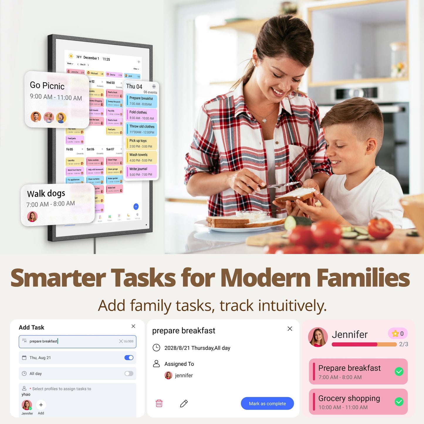 Digital Calendar 27 Inch Touch Screen, Electronic Wall Calendar Chore Chart for Family Monthly/Weekly Planner Rewards Organization, Interactive Large Display Smart Calendar, Desk Mount Included