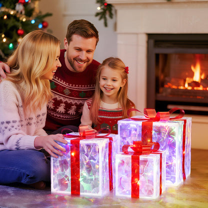 Set of 3 Christmas Lighted Gift Boxes with 50 LEDs,Outdoor Christmas Decorations,8 Modes RGBW Lights,Battery Operated Light Up Present Boxes for Christmas Trees Indoor Outdoor Home Yard Lawn Decor