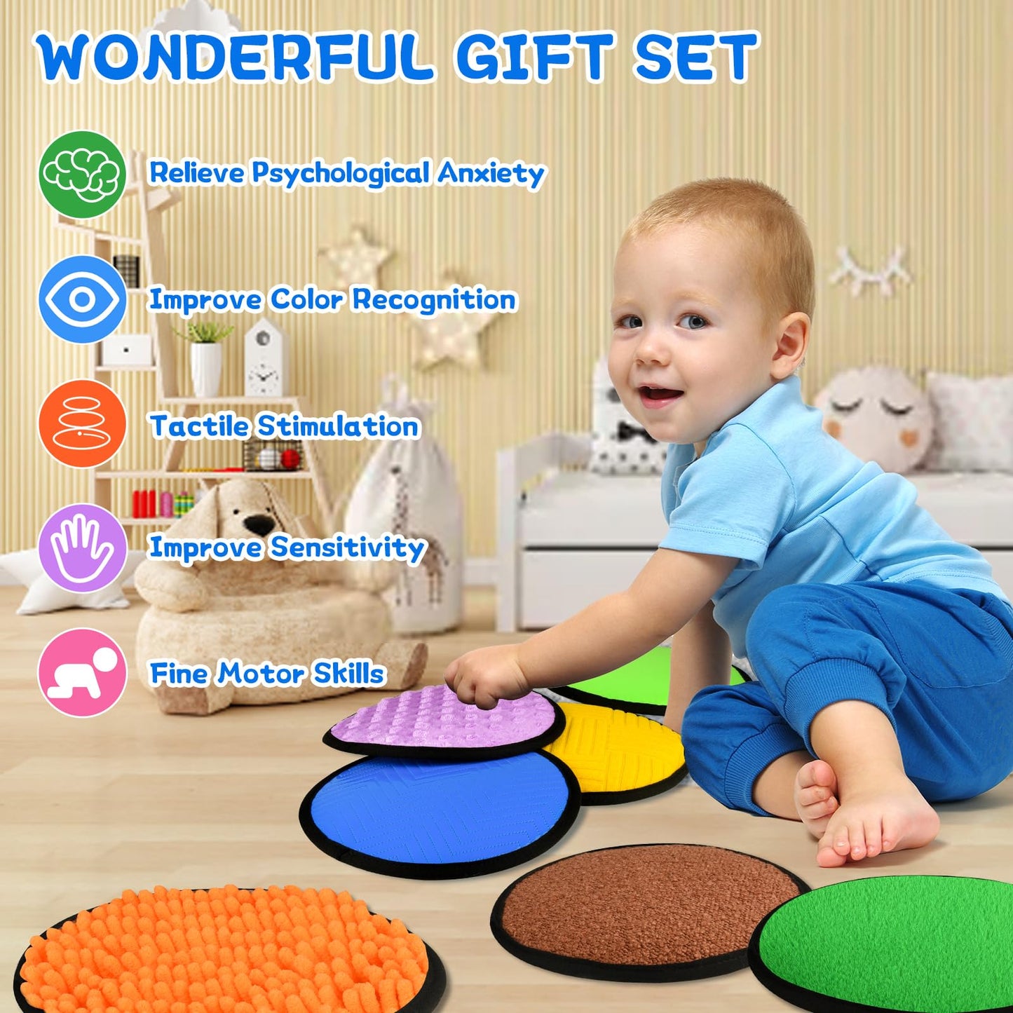 Bouiexye 10 Sets Sensory Mats for Autistic Children Textured Sensory Tiles Sensory Toys Babies and Toddlers with Sensory Issues Tactile Sensory Walls Fidgeting Educational Activity (Round)