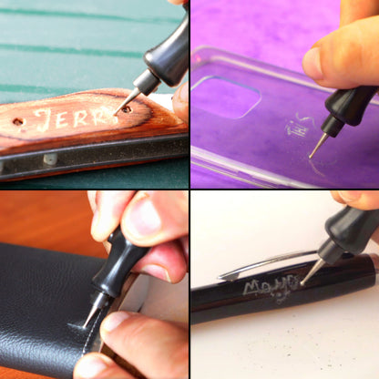 The Original Easy Etcher - Engraving Pen Complete Kit - Portable DIY Craft Electric Engraver & Stencils for Jewelry, Metal, Glass, Leather, Wood - Rotary Tool Etching Scribe Carving Tool