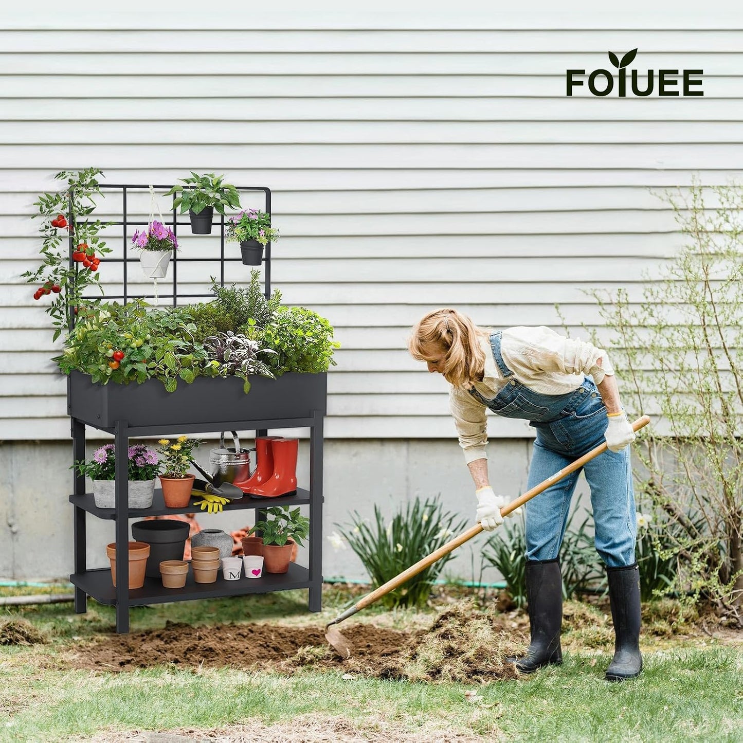FOYUEE Metal Raised Garden Bed with Trellis & 2-Tier Storage Shelf, Elevated Planter Box with Legs -Includes 3 Flower Pots, Outdoor Vertical Garden for Vegetables Herbs Climbing Plants Patio Balcony
