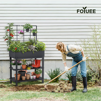 FOYUEE Metal Raised Garden Bed with Trellis & 2-Tier Storage Shelf, Elevated Planter Box with Legs -Includes 3 Flower Pots, Outdoor Vertical Garden for Vegetables Herbs Climbing Plants Patio Balcony