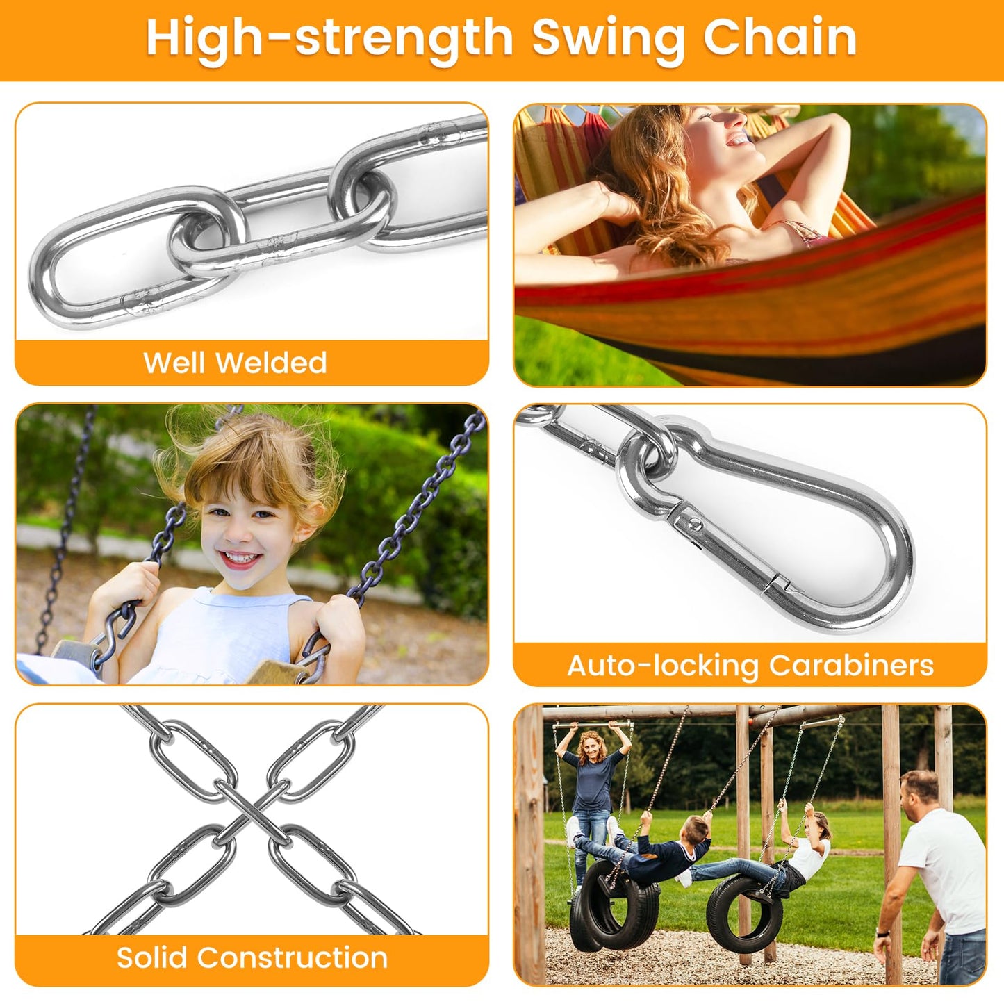 2 Pack 30 Inch Heavy Duty Chains for Swing, 440LB Hanging Chair Chain with 5/16 Thick Clasps, Adjustable Stainless Steel Chain Extension for Porch Tree Swing Hammock Chair Boxing Bag Yoga Gym