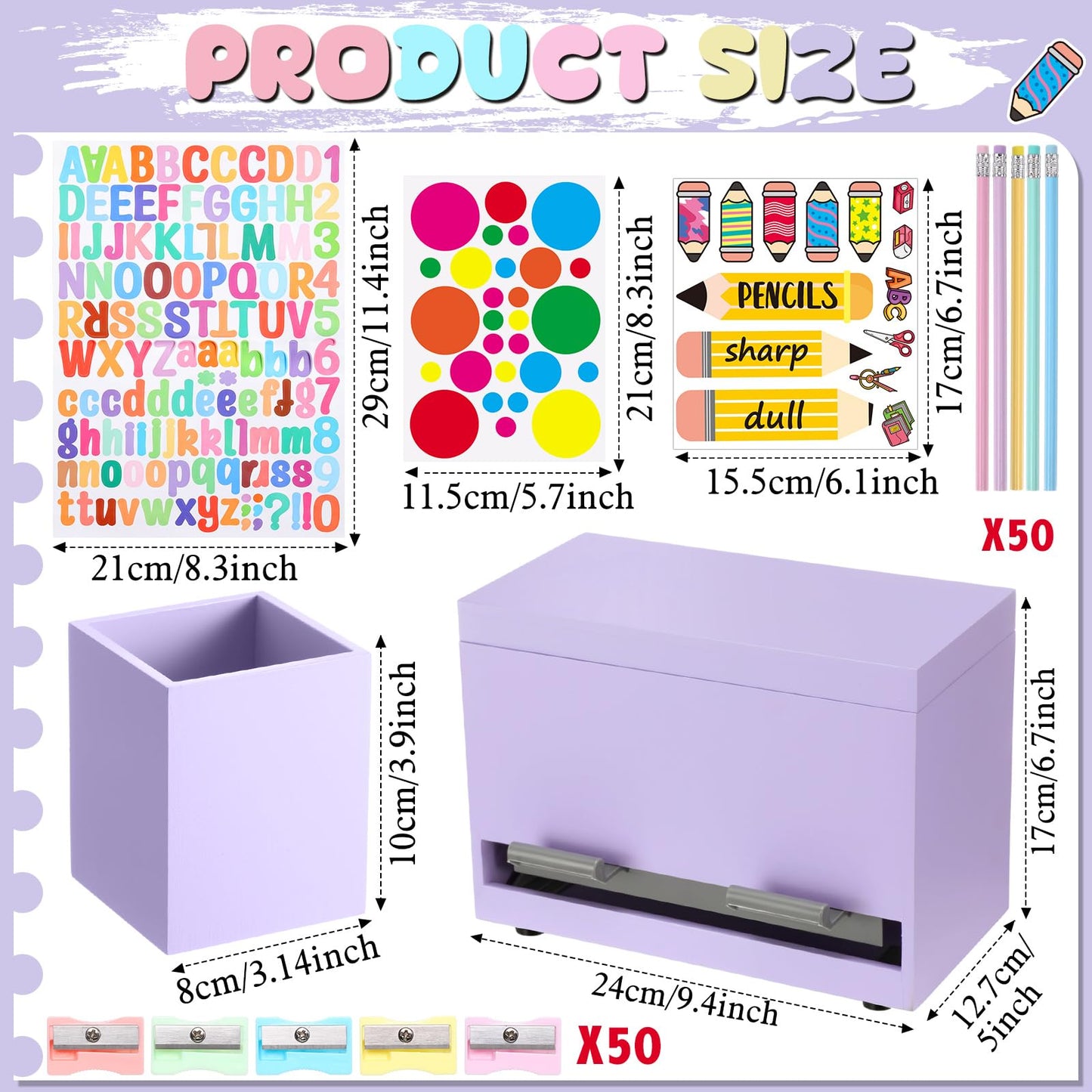Watersay 108 Pcs Pencil Dispenser Kit for Classroom Wooden Sharp and Dull Pencil Holder 50 Pencils 50 Sharpener 6 Sticker Classroom Teacher Must Have Straw Dispenser for Back to School(Purple)