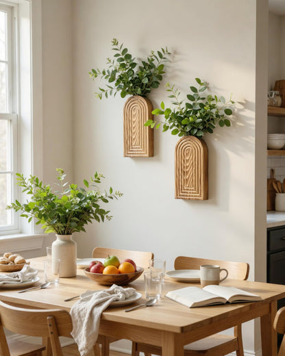 2 Pack Wooden Wall Vase Set - Boho & Modern Farmhouse Wall Decor, Hanging Planter for Indoor Plants & Flowers, Wood Mounted Art for Living Room, Bathroom, Hallway, Home Decor (Burnt Wood, Medium)