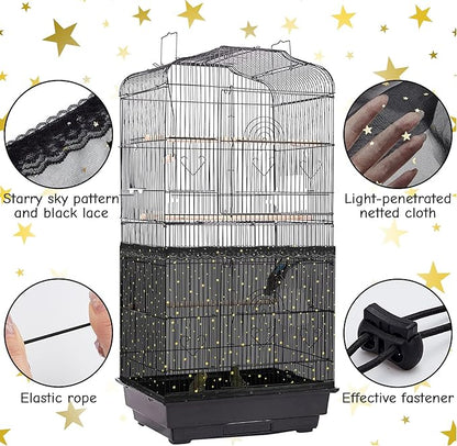 Shappy Large Bird Cage Cover Birdcage Nylon Mesh Net Cover Seed Feather Catcher Twinkle Star Universal Birdcage Cover Bird Seed Guard Skirt for Parakeet Macaw African Round Square Cage (Black, L)