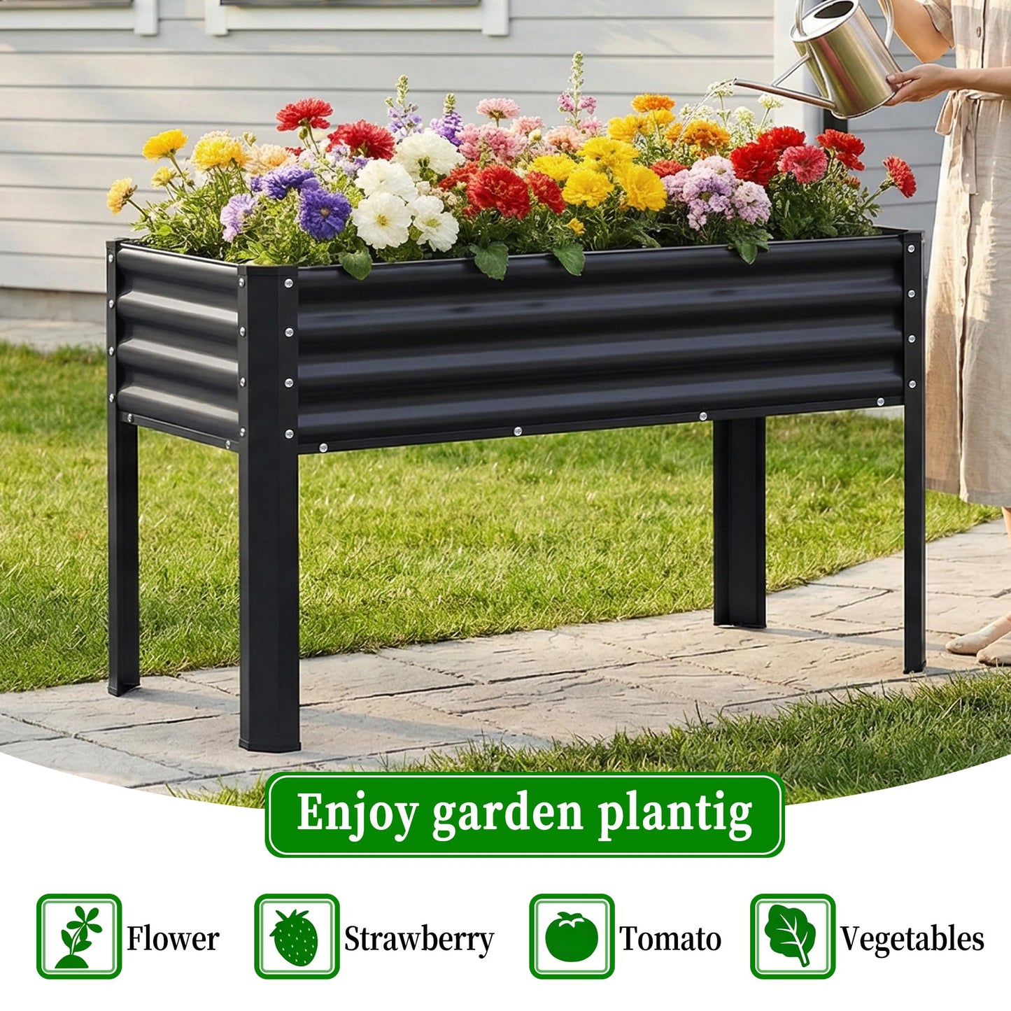 Chuangshuo Guard 2Pcs Galvanized Raised Garden Bed with Legs, 48×24×32in Large Metal Elevated Raised Planter Box with Drainage Holes for Backyard, Patio, Balcony, 400lb Capacity,Black