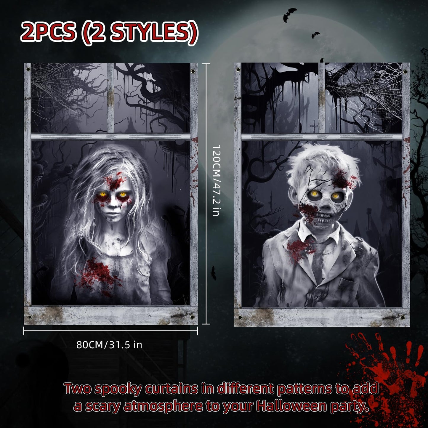 Recailly Halloween Ghost Curtains Decorations, 2 Pack, Window Silhouettes, Horror Little Girl and Boy Window Cover Indoor Decor（Kids Ghost）