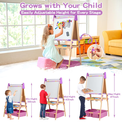 3-in-1 Adjustable Kids Art Easel Set, Height Adjustable Magnetic Whiteboard & Chalkboard with Painting Paper Roll, Wooden Dual-Sided Art Station for Toddlers & Children Ages 3+, Art Supplies Included
