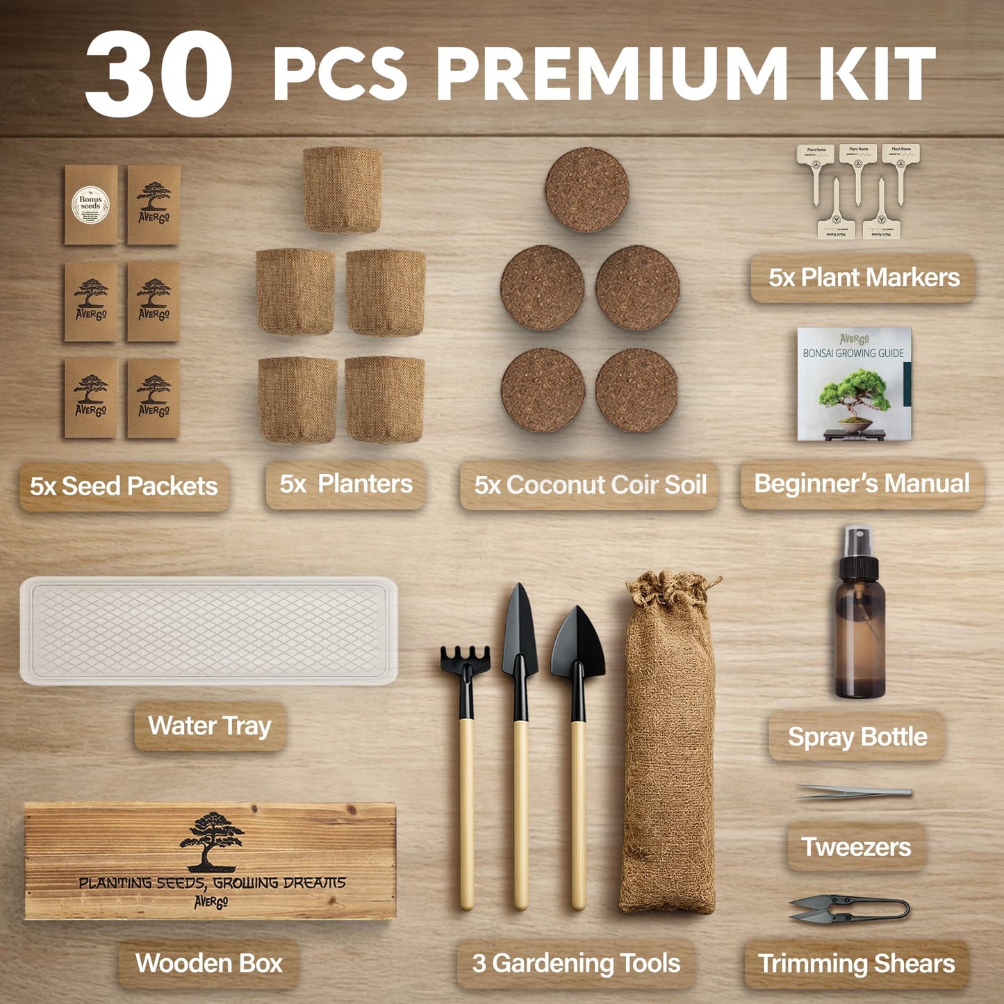 AVERGO Bonsai Tree Kit Classic - 5X Unique Japanese Bonzai Trees | Complete Indoor Bonsai Starter Kits for Growing Trees – DIY Gardening Gifts for Mother, Women & Men