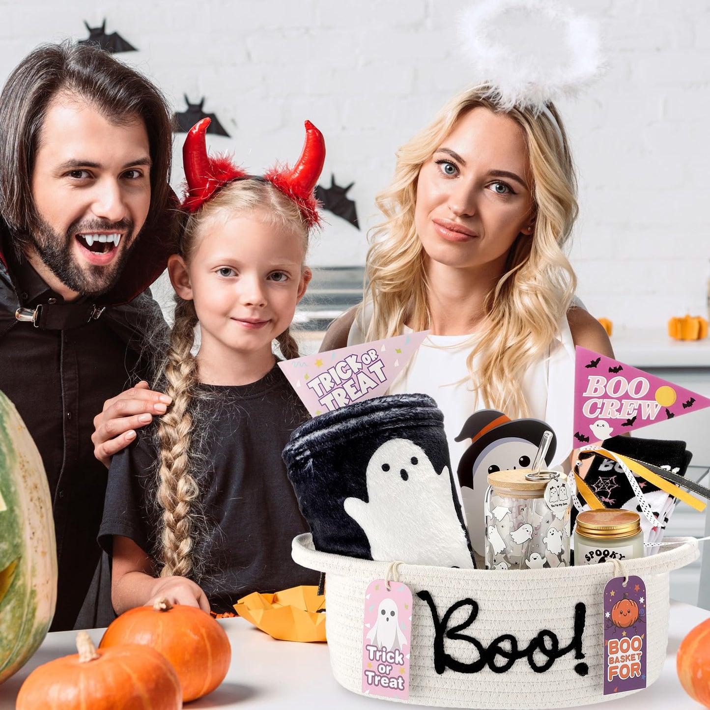 Reallnaive Halloween Boo Woven Basket Cute Storage Spooky Basket with Handle Boo Woven Trick or Treat Gift Organizer for Halloween Party Favors and Decorations Women Men(White,12 x 8 Inch)