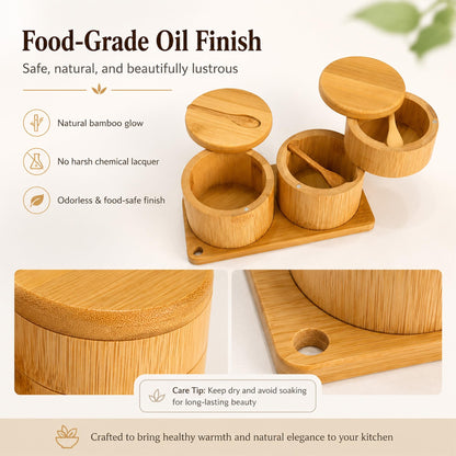 Bamboo Salt Cellar Set with Tray, Single & Double-Tier Salt and Pepper Cellar with Spoon & Magnetic Swivel Lid, 16 Labels, Spice Containers for Salt, Sugar, Pepper, Spices, Kitchen Organizer 9OZ Each
