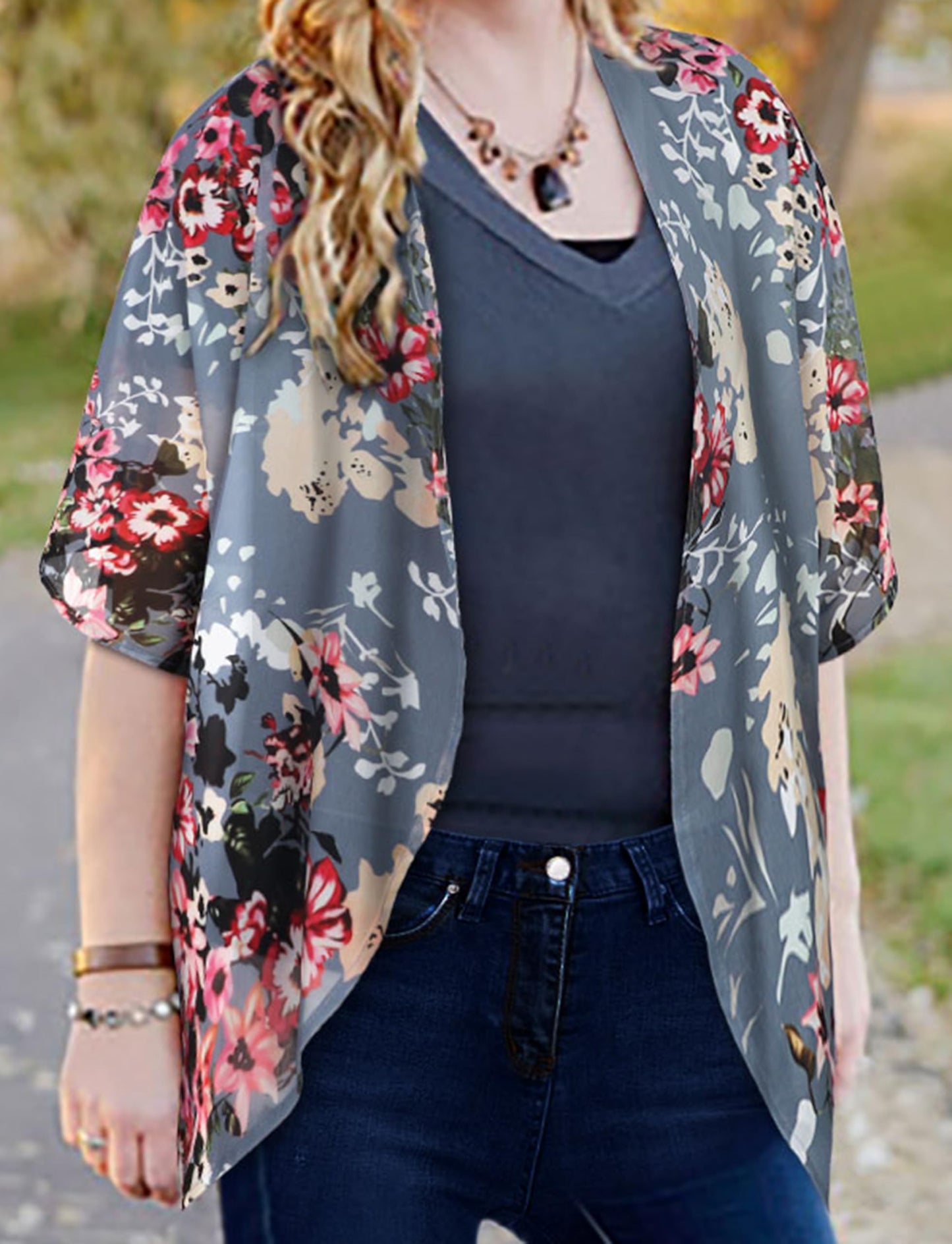 Women's Floral Print Puff Sleeve Kimono Cardigan Loose Cover Up Casual Blouse Tops (Dark Grey, XL)
