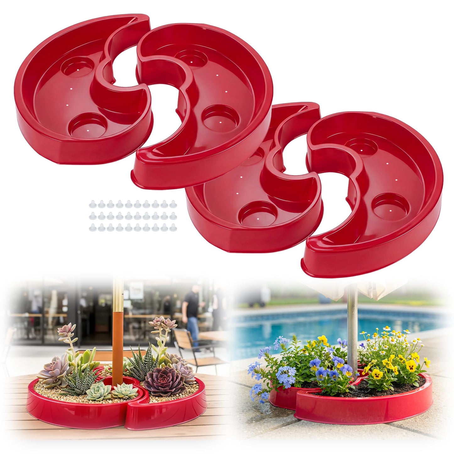 U0U 2 Pack Umbrella Planters for Patio Table,Half Circle Planter with Umbrella Hole,PET Post Planter Wrap Around for Outdoor Garden Patio Pable Umbrella (2, Red)