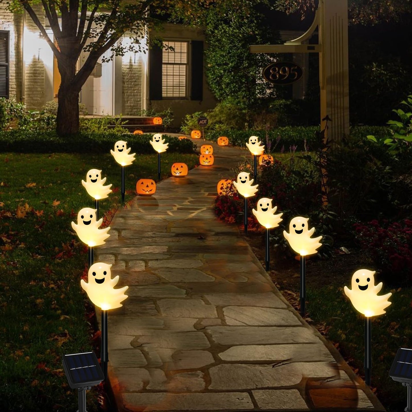 Solar Halloween Ghost Pathway Lights, 10 Pack 3D Lighted Outdoor Stake Decorations, Waterproof LED Yard and Garden Lights for Halloween Pathway, Lawn, Patio, and Holiday Decor (10-Ghosts-Warm)