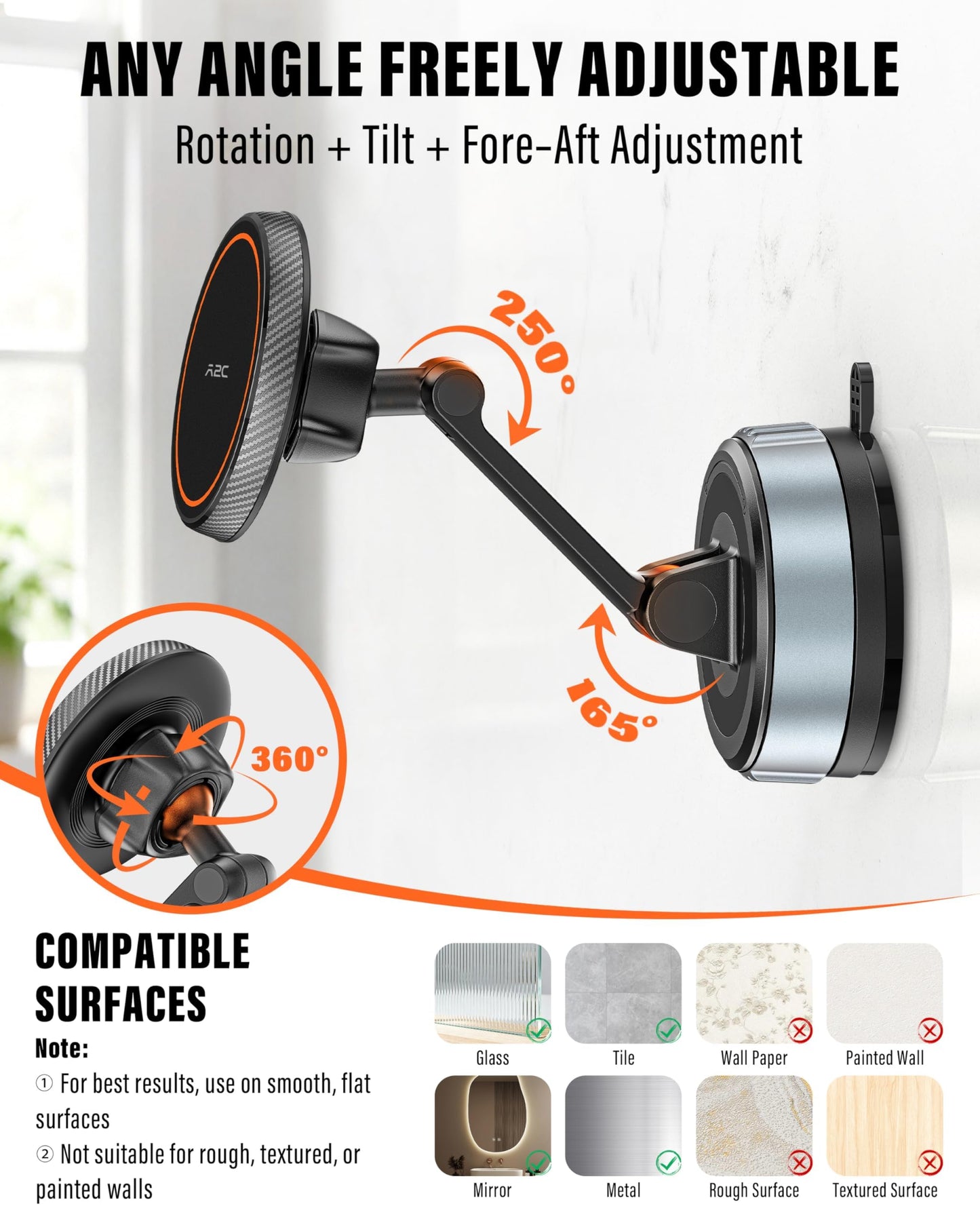A2C Shower Phone Holder for MagSafe, Reusable Gel-Lock Suction Cup Phone Mount with 4-Inch Dual Pivot Adjustable Arm, Phone Holder for Shower, Mirror, Kitchen & Bathroom for iPhone 12-17 & All Phones