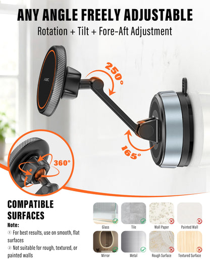 A2C Shower Phone Holder for MagSafe, Reusable Gel-Lock Suction Cup Phone Mount with 4-Inch Dual Pivot Adjustable Arm, Phone Holder for Shower, Mirror, Kitchen & Bathroom for iPhone 12-17 & All Phones