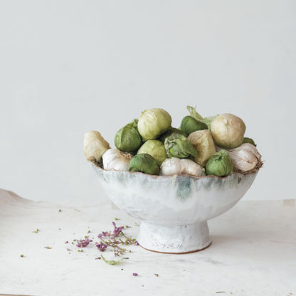 Creative Co-Op Large Stoneware Footed Bowl with Speckled Glaze, Green and Brown