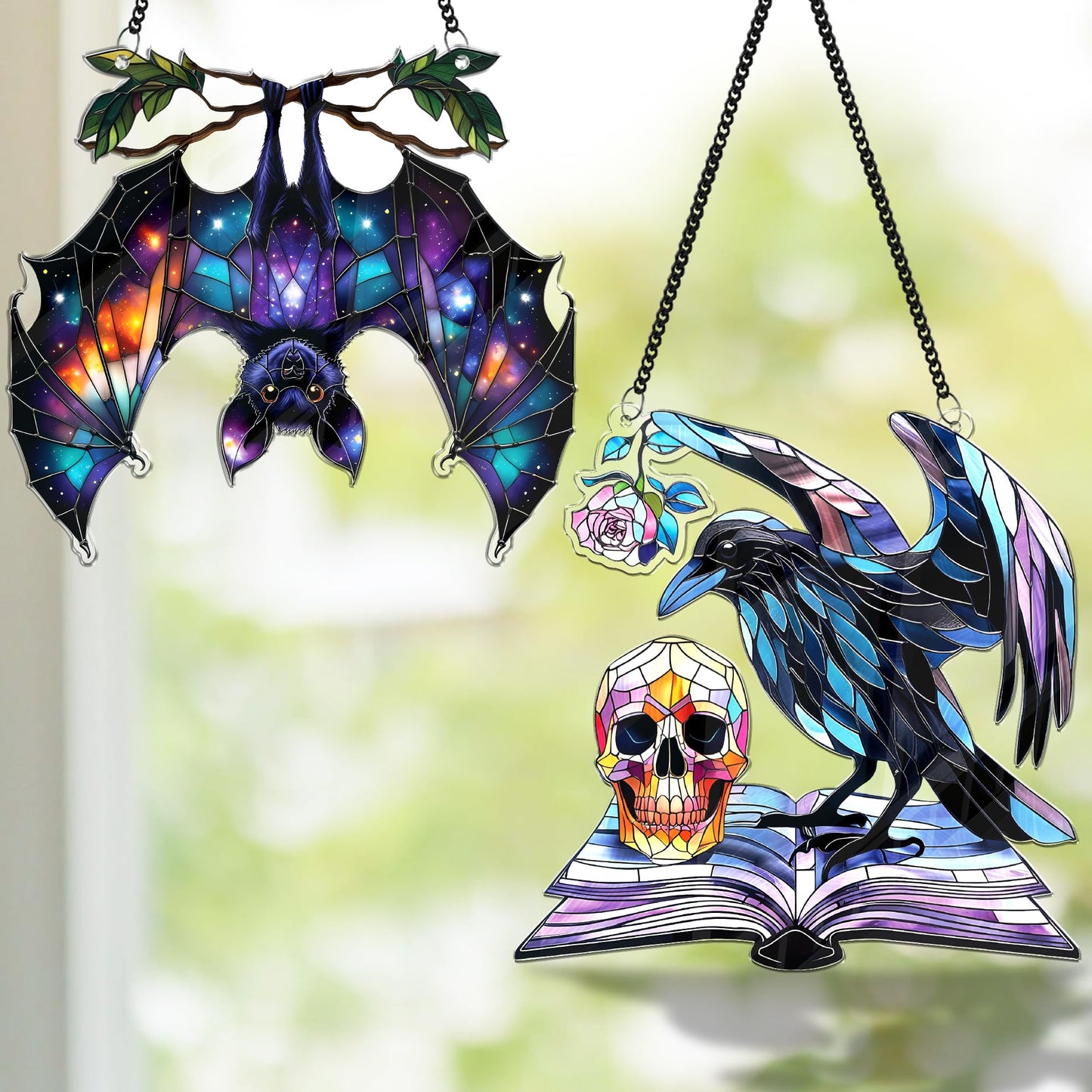2 Halloween Decorations Bat Raven Acrylic Suncatchers, 6" Window Hanging Bat Gothic Decor, Spooky Raven Halloween Ornament Gifts, Idea Gifts Holiday Keepsake, Scary Home Indoor Outdoor Display SS344
