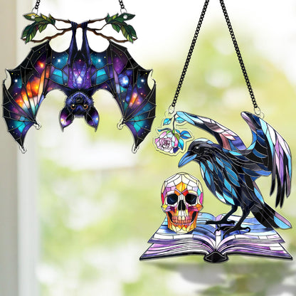 2 Halloween Decorations Bat Raven Acrylic Suncatchers, 6" Window Hanging Bat Gothic Decor, Spooky Raven Halloween Ornament Gifts, Idea Gifts Holiday Keepsake, Scary Home Indoor Outdoor Display SS344