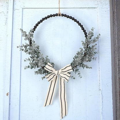 Wood Bead Eucalyptus Leaf Wreaths - 13 Inch Natural Greenery Wreaths Boho Wall Hanging Decoration for All Season Bedroom Room Rustic Farmhouse Home Indoor Outdoor Window Decor