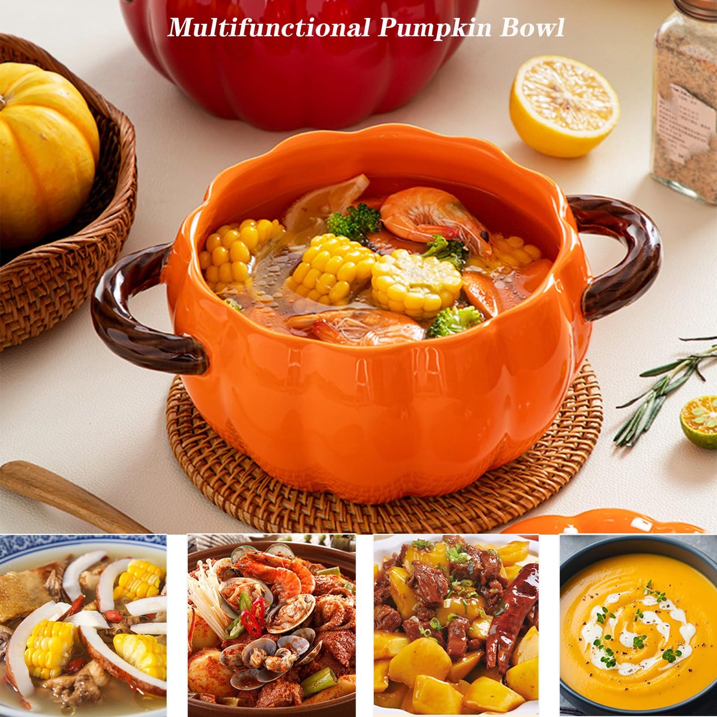 Dutch Oven Pot with Lid, Pumpkin Pottery Dessert Saucepan, Mini Baking Dish Cute Pumpkin Bowl, Covered Dutch Oven Ceramic Stockpot, Pumpkins-Shaped Casserole (Orange)