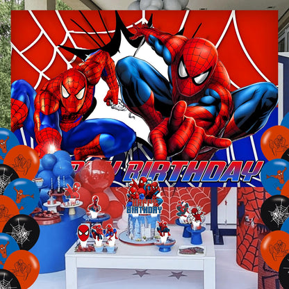Spider Web Birthday Decorations Include Latex Balloon,Cupcake Topper, Happy Birthday Balloons,Backdrop Set for Boys Kids Cartoon Party Supplies