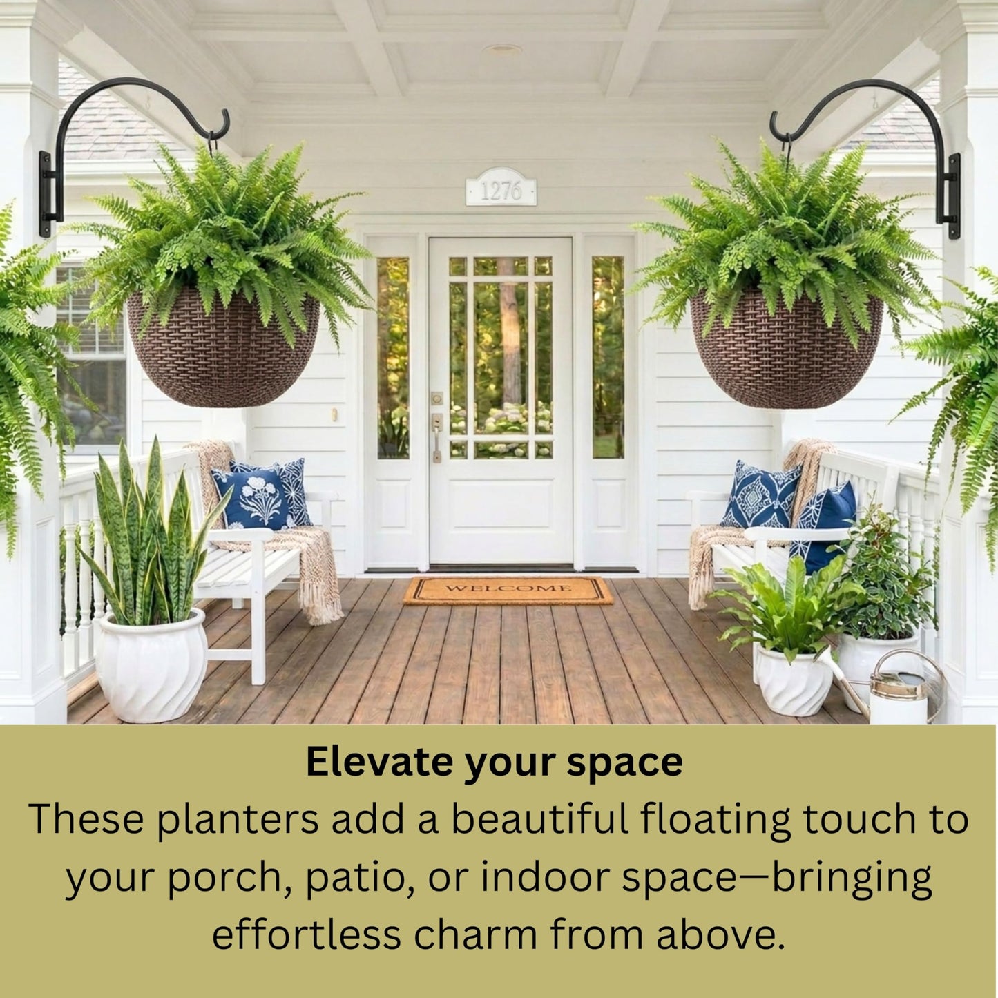 LaLaGreen Bundle- 2 Pack, 11 Inch Brown Hanging Plastic Basket + 2 Pack, 20 Inch Self Watering Planter with Bracket Rattan Style Window Plants Boxes Balcony Fence Porch Deck Modern Flower Pots Outdoor