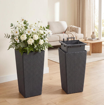 22.4" Black Tall Planters Outdoor Set of 2, Large Black Flower Pots Outdoor with Drainage Holes & Automatic Watering System, Modern Large Resin Planters for Outdoor Plants, Front Porch, Deck, Rattan