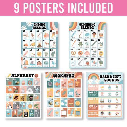 Hadley Designs Phonics Posters for Classroom Must Haves - 9 Sound Wall for Kindergarten & Elementary Teacher Supplies, Syllable, Vowels, Digraphs & Blends Bulletin Board Set, Retro Classrom Decor