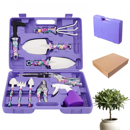 10-Piece Garden Tools Set - Heavy Duty Hand Gardening Kit: Shovel, Pruners, Trowel, Rake for Plant Care, Bonsai Trimming, Weeding & Yard Work (Purple)