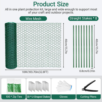 QURAS Plant Protectors from Animals, 32.8FT x 16IN Wire Plant Cage, 0.85mm Thick Vinyl Coated Garden Fence Kit with Stakes & Zip Ties, DIY Plant Guard for Rabbits, Squirrels, Deer, Vegetable Garden