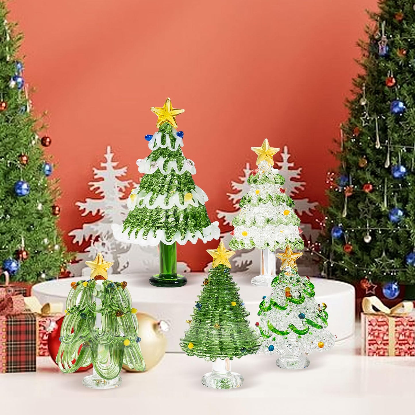 SYWAN Mini Crystal Christmas Tree Figurine Collection, Hand Blown Glass Tree Dollhouse Fairy Garden Miniature Small Winter Figurine for Xmas Party Tabletop Mantel Home Decorative Hanging Ornament