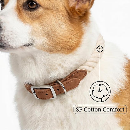 Mile High Life Genuine Leather Dog Collar, Durable Braided Cotton Rope Collar with Metal Pin Buckle for Small Medium Large Dogs (Beige, L Neck 17"-21")