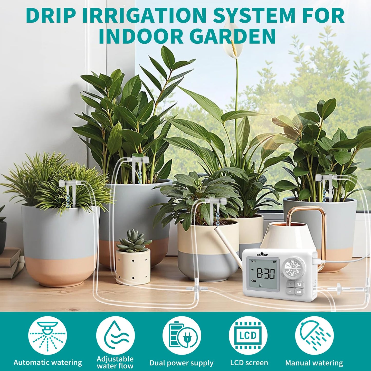 Automatic Watering System for 15 Potted Plants, Automatic DripIrrigation Kit with Adjustable Water Flow, Programmable Water Timer with Dual Power Supply, for Balcony/Garden/Greenhouse Plants