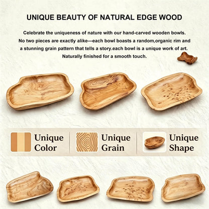 BTEOBFY Natural Wood Fruit Bowl 11-13 inch, Unique Handmade Wood Serving Platter, Wood Fruit Snack Dish for Sandwich Bread Serving, Appetizer Display, Vintage Ring Dish, Hand Carved Artworks