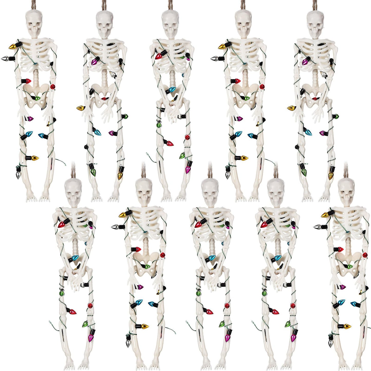 Tujoe 10 Pcs Christmas Skeleton Wrapped in Lights 6.7 Inch Christmas Tree Hanging Ornament Scary Skeletons Mini Skeletons Figurines for Haunted House Graveyard Halloween Party Decor
