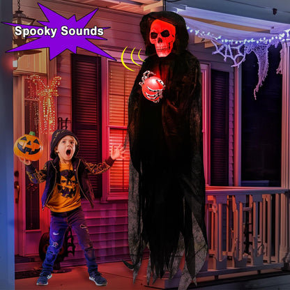 [Sound Activated] 65" Hanging Skeleton Halloween Decorations Outdoor, Halloween Animatronic Grim Reaper Skull Ghost Flash Red Head Holds LED Crystal Ball Creepy Sound for Porch Haunted House Decor