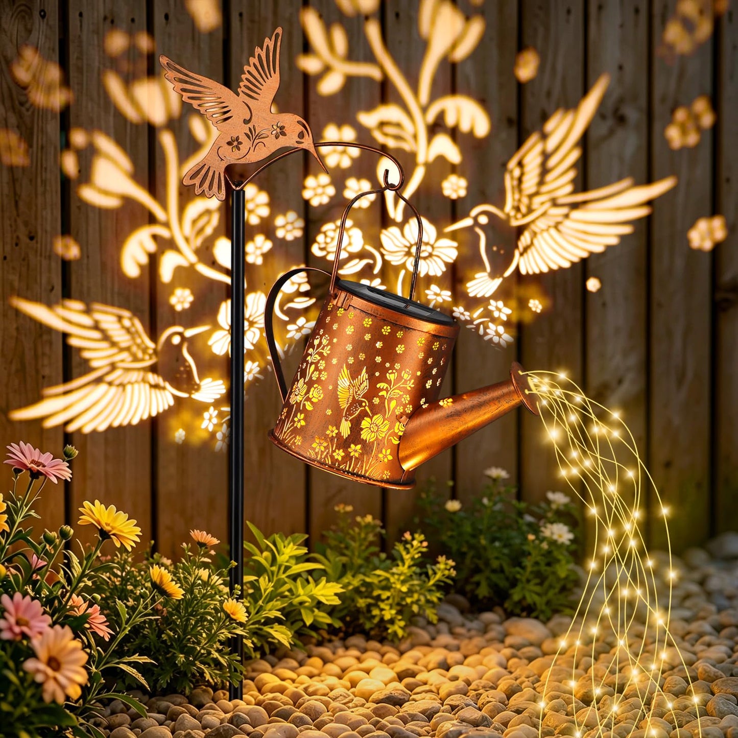 Hummingbird Solar Watering Can Light, Outside Metal Watering can Landscape Lights for Garden Yard Patio Pathway Decor Birthday Gifts for Women Mom,Grandma -with Pole