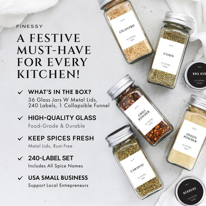 FINESSY Glass Spice Jars with Labels with Metal Lids and Shakers 24 Pack Set, 4oz Small Empty Air Tight Spice Containers with Labels, Clear Seasoning Containers Herb Bottles Kitchen Storage Organizer