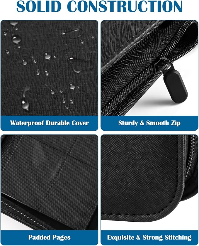 Top Loader Binder 4 Pocket for 144 Toploaders, Side Loading Toploader Binder for 3 x 4'' Rigid Cards with Zipper Closure, PU Leather Ringless 2x2 Card Binder for MTG/TCG/Sports/Games, Black