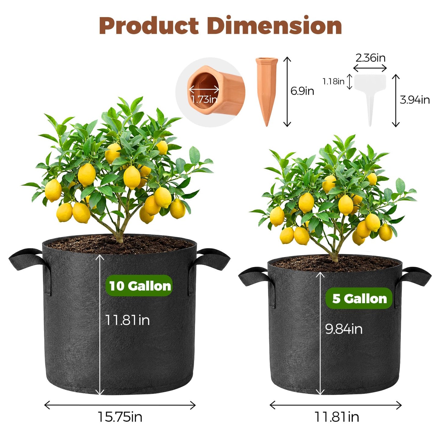 5-Pack 10 Gallon Self Watering Grow Bags with 5pcs Terracotta Watering Spikes, Fabric Growing Plant Bags Garden Planting Pots for Gardening Outdoor, Planter Bags for Potato Tomato Cucumbers Vegetables