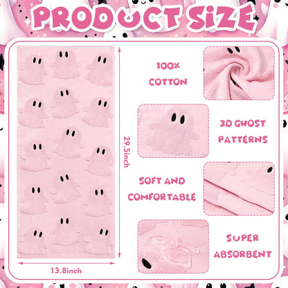 Whaline 2Pcs Halloween Hand Towel Pink 3D Ghost Jacquard Cotton Towel Absorbent Dish Towels for Kitchen Bathroom Drying Cleaning Cooking, 13.8 x 29.5 Inch