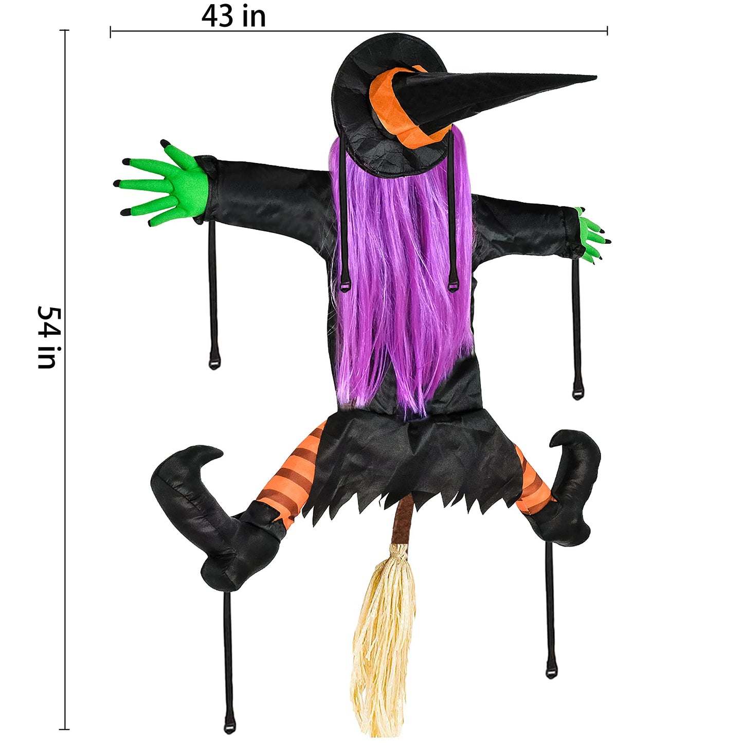 Huoety 54" Crashing Witch Halloween Decoration – Flying Witch on Broom Colliding with Tree for Outdoor Yard, Porch, Garden, and Haunted House Décor – Betty Bash Large Halloween Prop