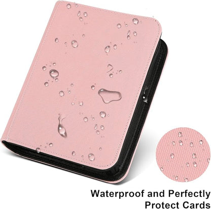 4 Pocket Ringless Side Loading Trading Card Binder, 160 Cards PU Fixed Page Zipper Card Album for TCG Sports Game Cards, Not Fit Top Loaders (Pink)