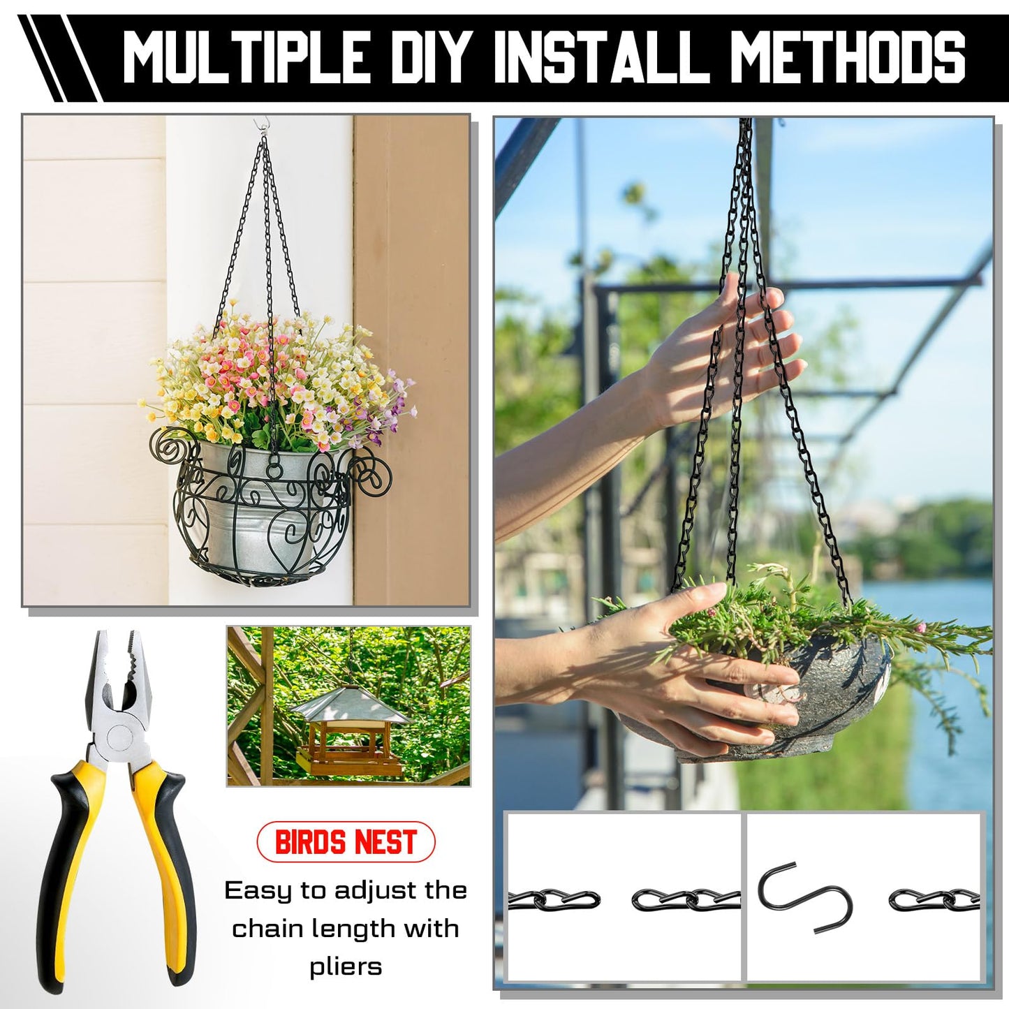 Yaocom 50ft Black Jack Chain with 10 pcs S Hooks Galvanized Steel Twist Chain with Spool-Weldless for Hanging Fixture, Bird Feeders, Overhead Lights, Artworks, Flowerpots (1.2mm)