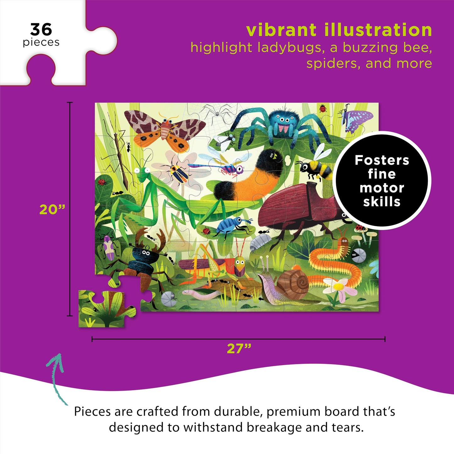 Crocodile Creek 36-Piece Jigsaw Floor Puzzle - Fun Floor Puzzles for Kids Ages 3-5 - Heavy-Duty Shaped Box for Storage - Backyard Bugs - 24" W x 18" H Finished